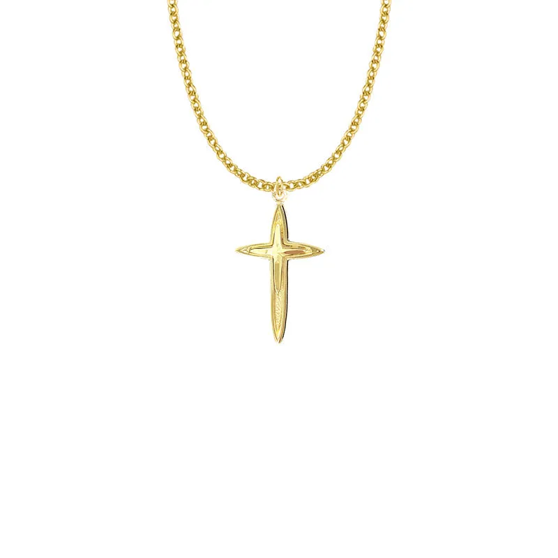1-1/8 Inch 14KT Gold Plated Over Sterling Silver Pointed Ends and Inner Cross Necklace