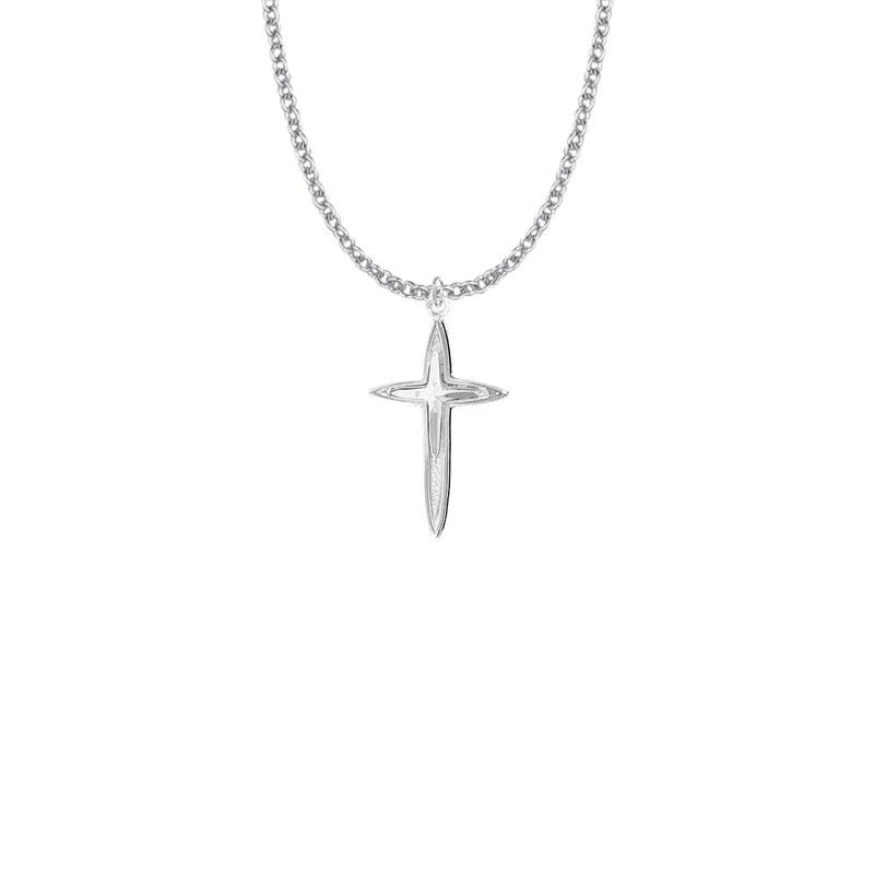 1-1/8 Inch Sterling Silver Pointed Ends and Inner Cross Necklace