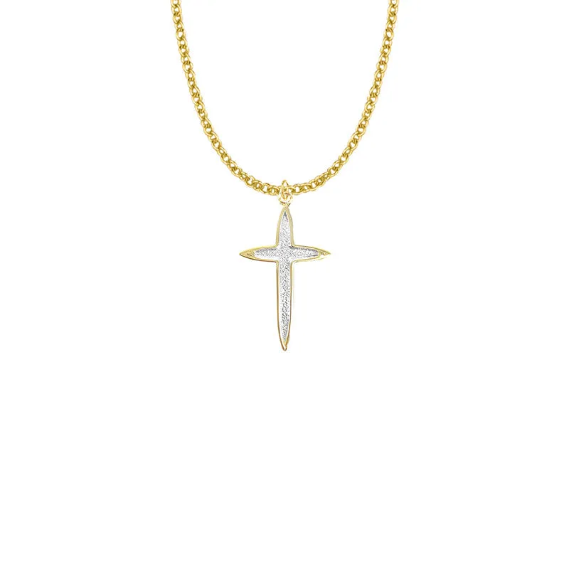 1-1/8 Inch Two-Tone 14KT Gold Plated  Over Sterling Silver Pointed Ends Cross Necklace