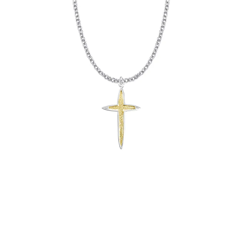 1-1/8 Inch Two-Tone Sterling Silver Pointed Ends Cross Necklace