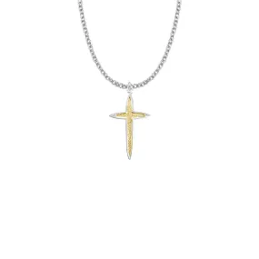 1-1/8 Inch Two-Tone Sterling Silver Pointed Ends Cross Necklace