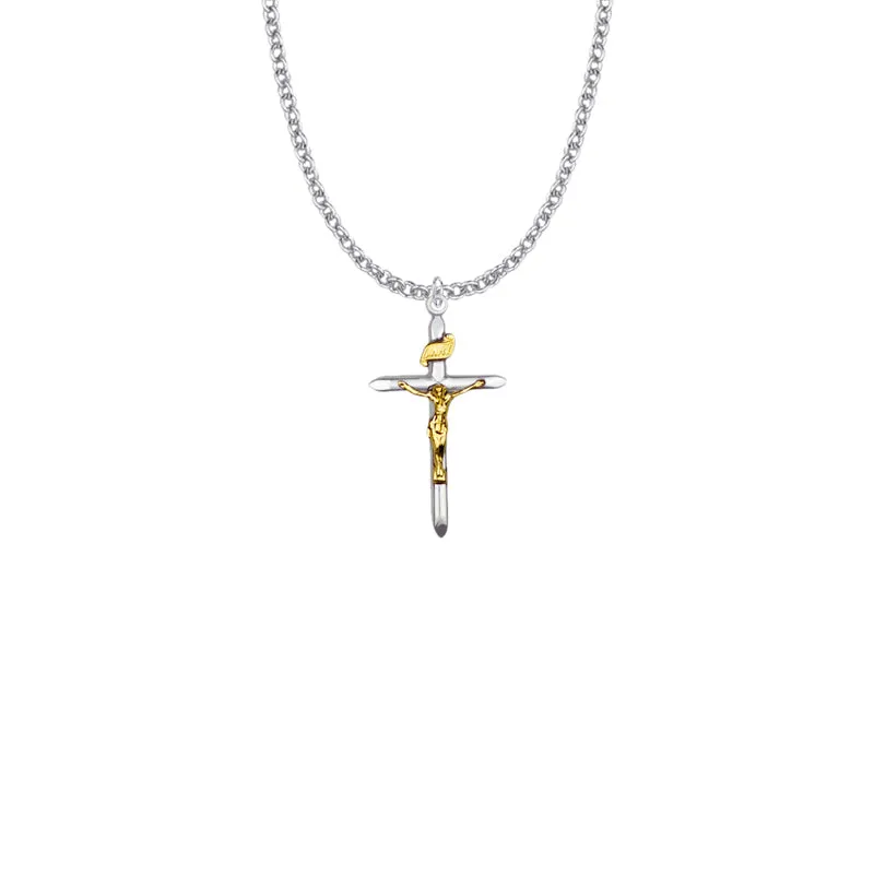 1-1/8 Inch Two-Tone Sterling Silver Pointed Tube Crucifix Necklace