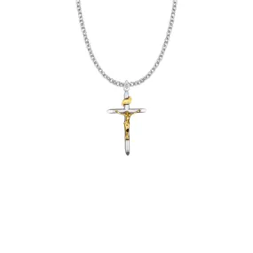 1-1/8 Inch Two-Tone Sterling Silver Pointed Tube Crucifix Necklace
