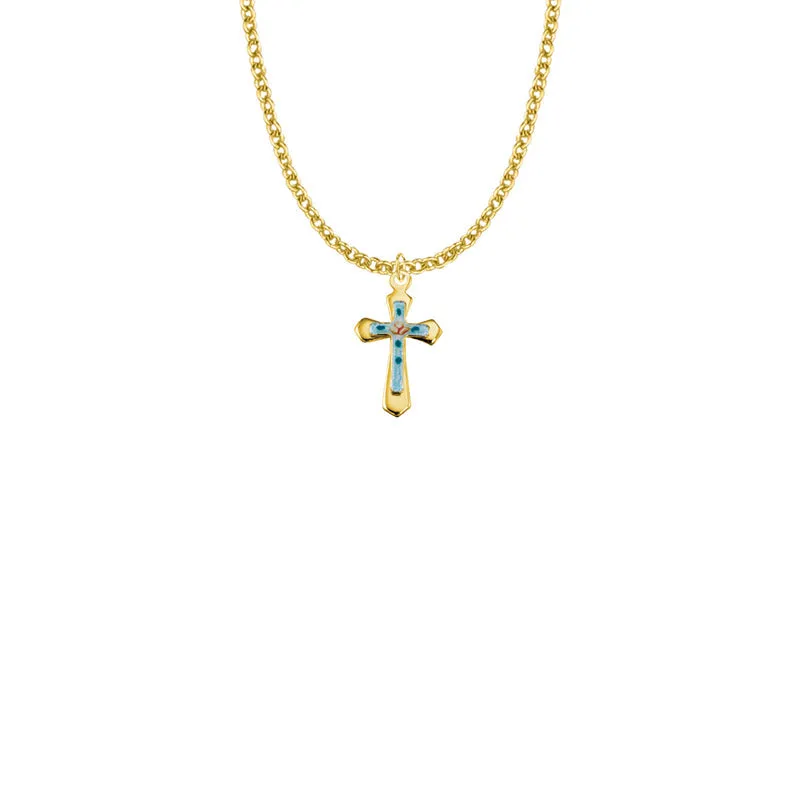 11/16 Inch 18KT Gold Plated Over Sterling Silver Enameled Rose and Pointed Ends Cross Necklace