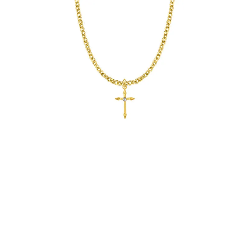 13/16 Inch 18KT Gold Plated Over Sterling Silver Pointed Ends Cross Necklace with Cubic Zirconia Stone