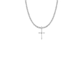 13/16 Inch Sterling Silver Pointed Ends Cross Necklace with Cubic Zirconia Stone
