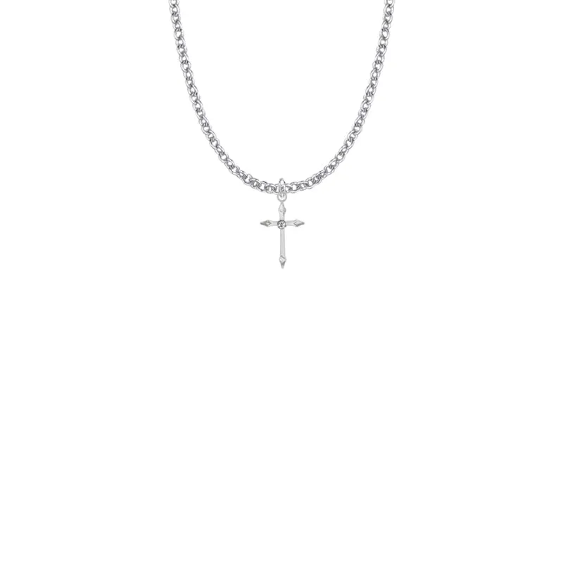 13/16 Inch Sterling Silver Pointed Ends Cross Necklace with Cubic Zirconia Stone