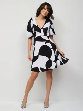Abstract-Print Puff-Sleeve Flare Dress -  Magic Crepe®