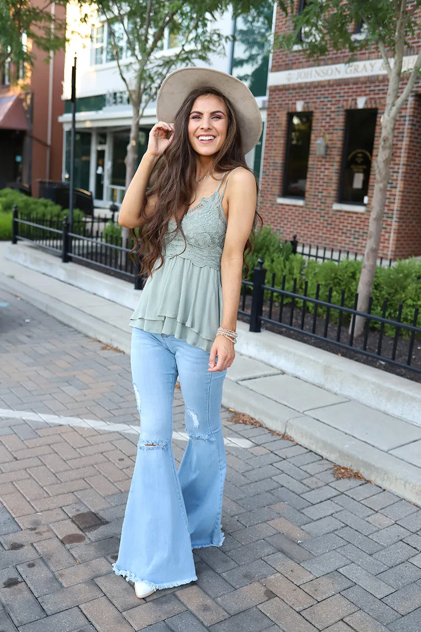 Annistyn Lace Bralette Scalloped Peplum Top - Sage