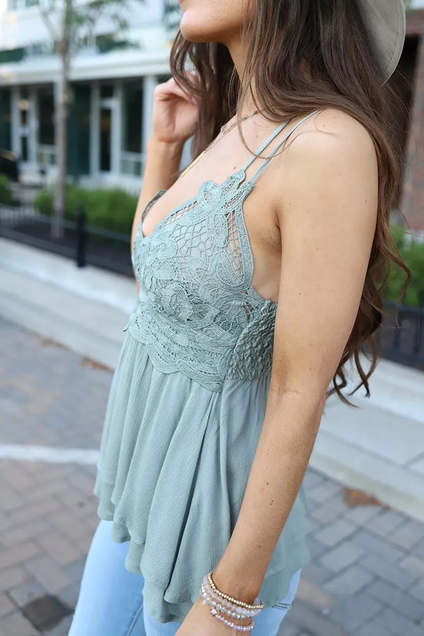 Annistyn Lace Bralette Scalloped Peplum Top - Sage