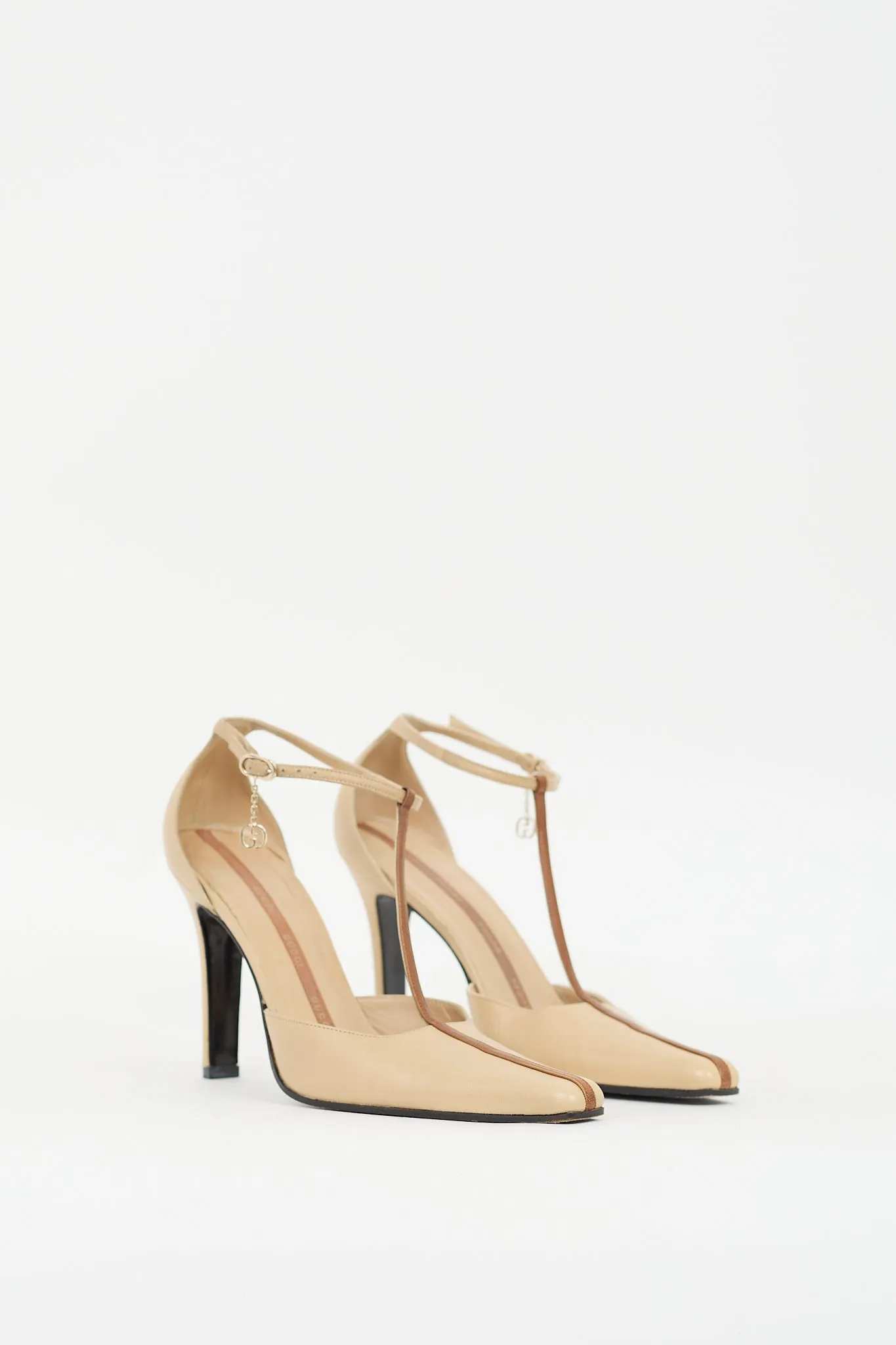 Beige & Brown Leather GG T-Strap Pump