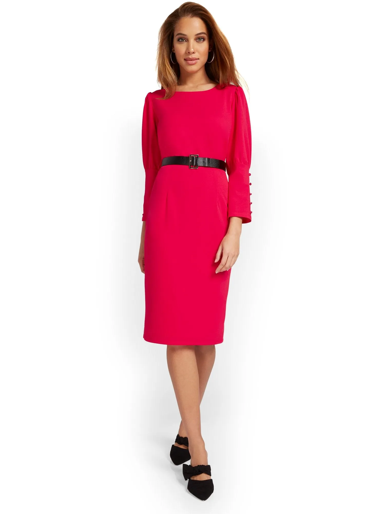 Belted Puff-Sleeve Sheath Dress - Magic Crepe®