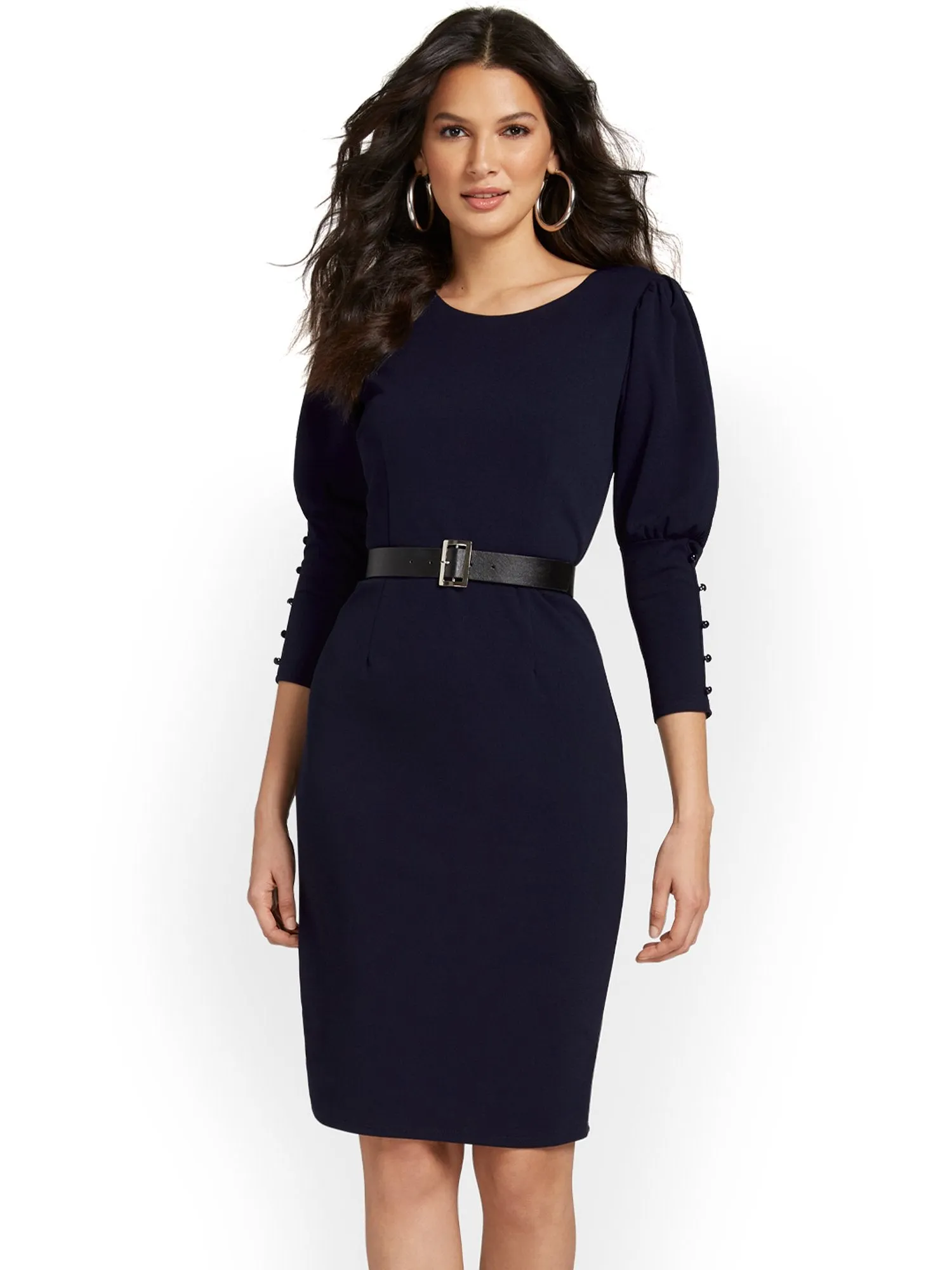 Belted Puff-Sleeve Sheath Dress - Magic Crepe®