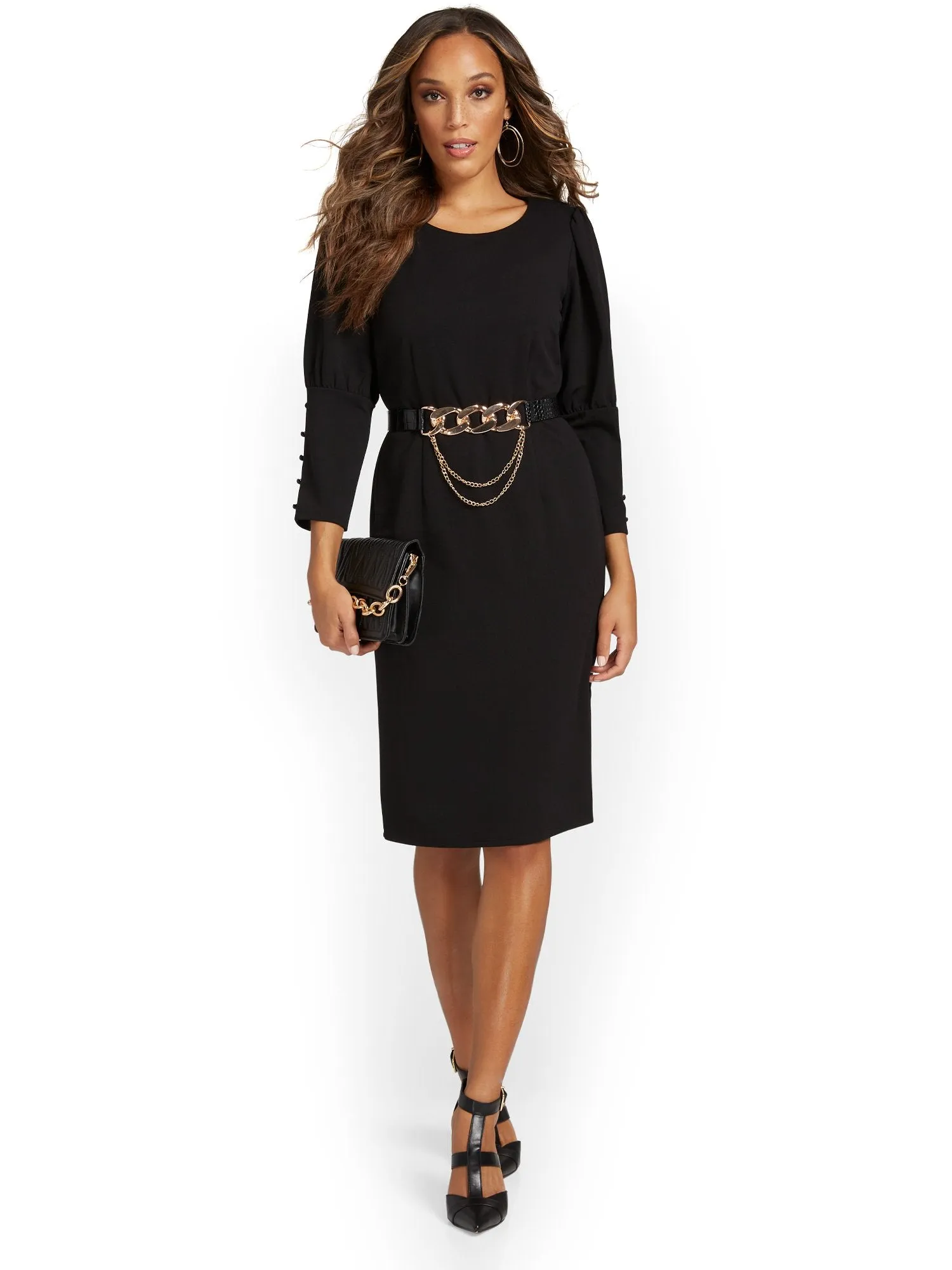 Belted Puff-Sleeve Sheath Dress - Magic Crepe®