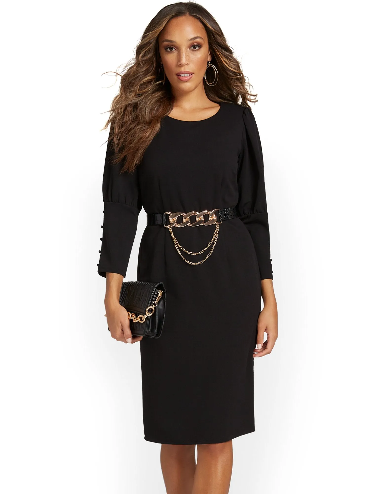 Belted Puff-Sleeve Sheath Dress - Magic Crepe®