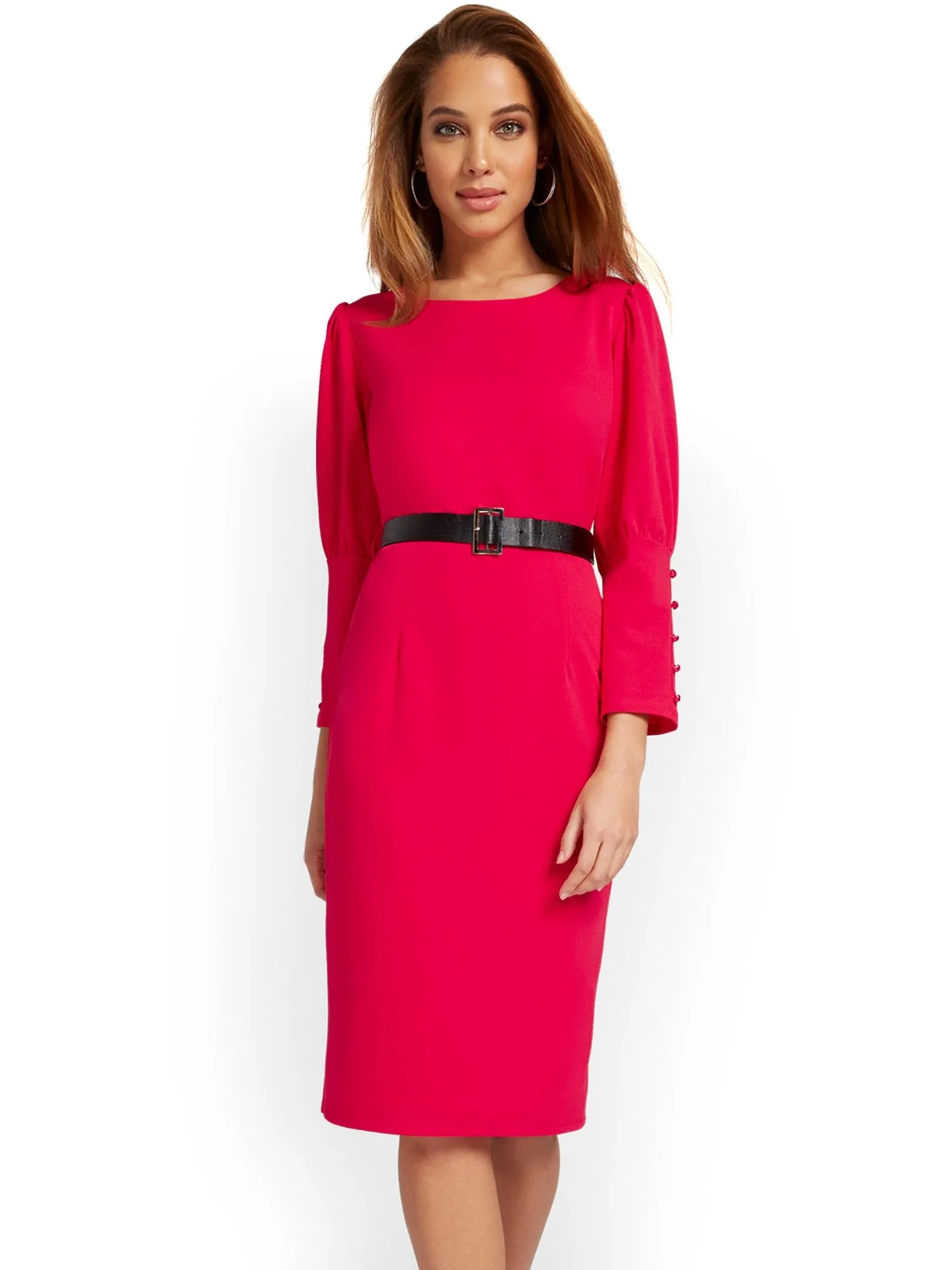 Belted Puff-Sleeve Sheath Dress - Magic Crepe®