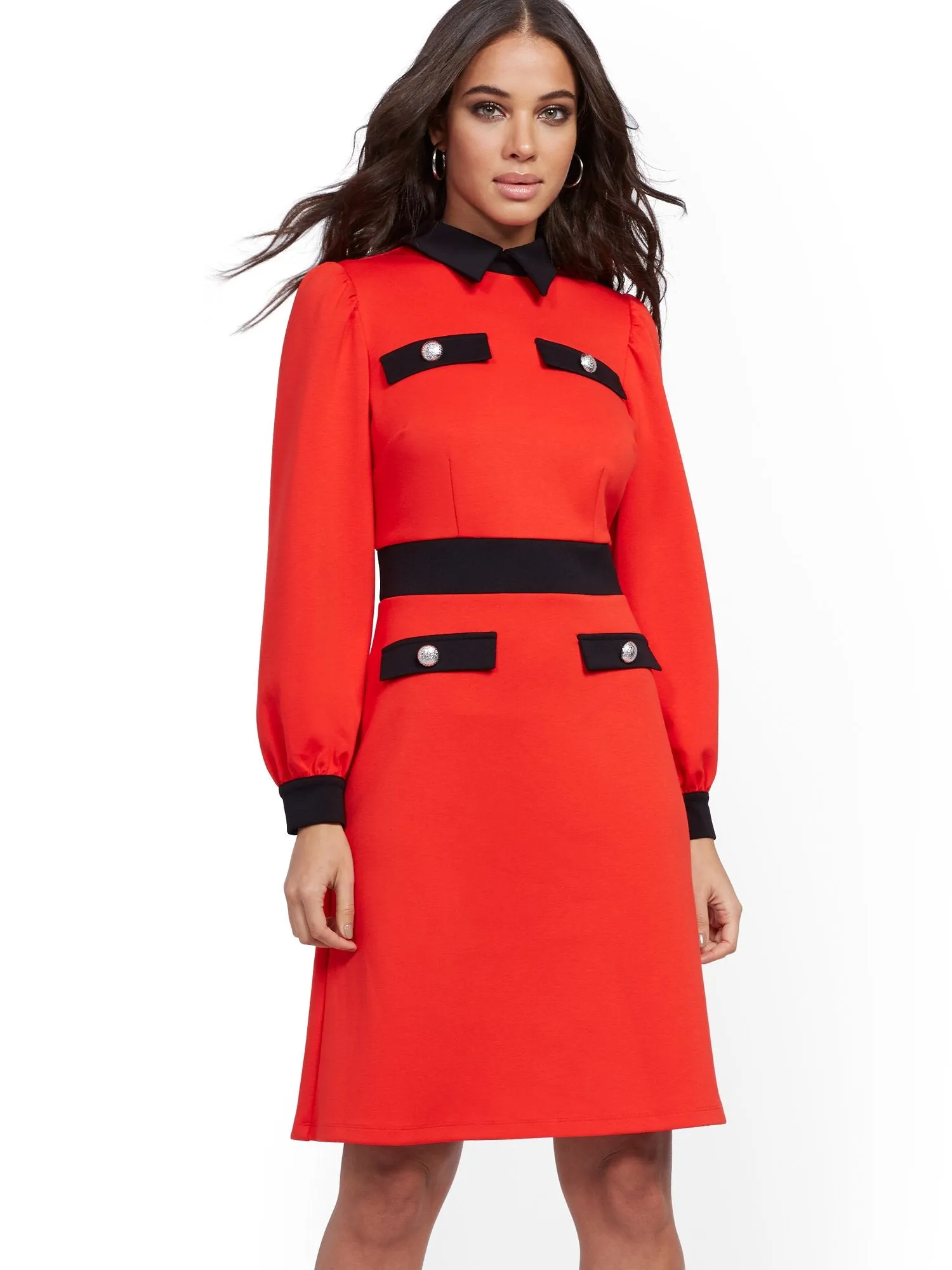 Button-Accent Puff-Sleeve Sheath Dress - Magic Crepe®