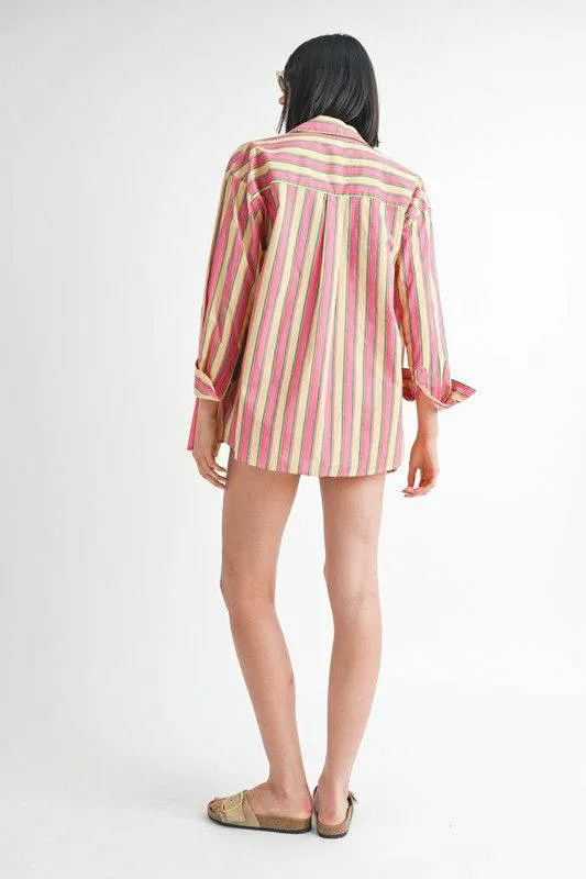 Button Up Oversized Collared Stripe Shirt