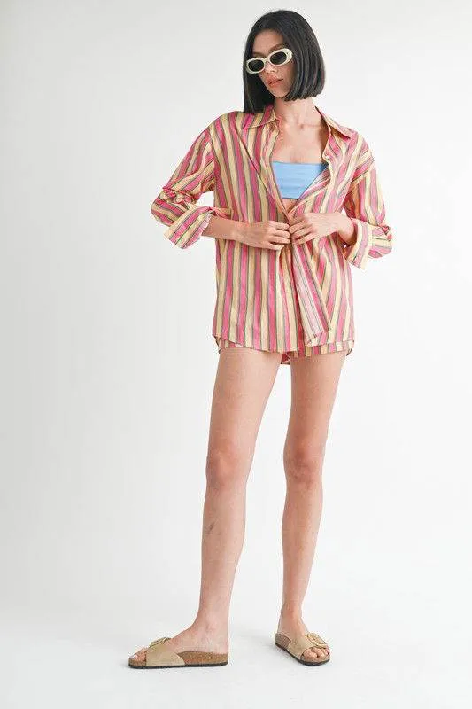 Button Up Oversized Collared Stripe Shirt