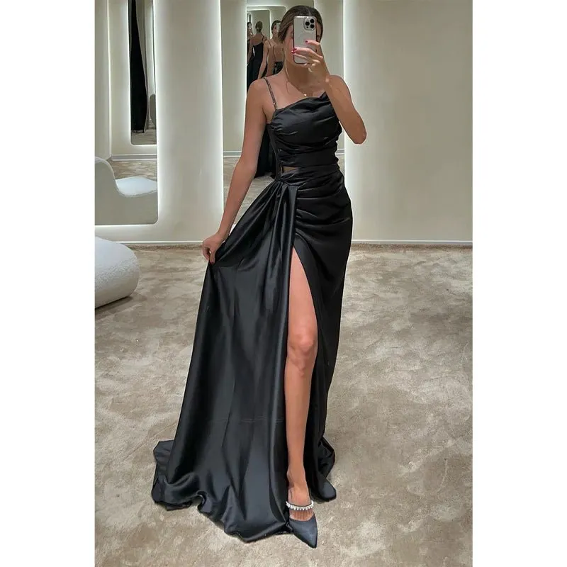 Chic & Modern Satin Pleats Spaghetti Straps Slit Simple Long Prom Dress