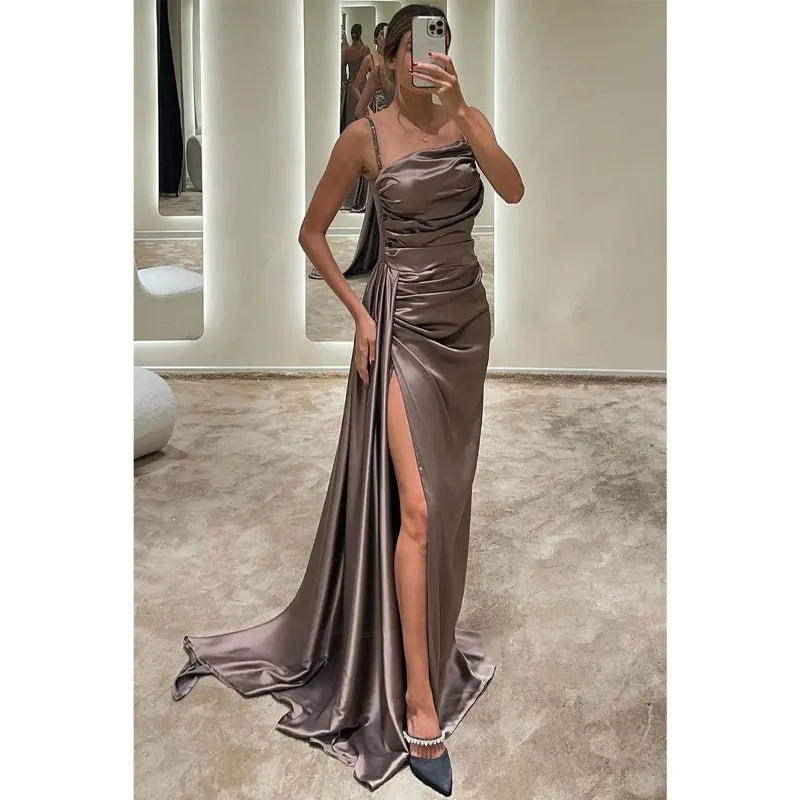 Chic & Modern Satin Pleats Spaghetti Straps Slit Simple Long Prom Dress