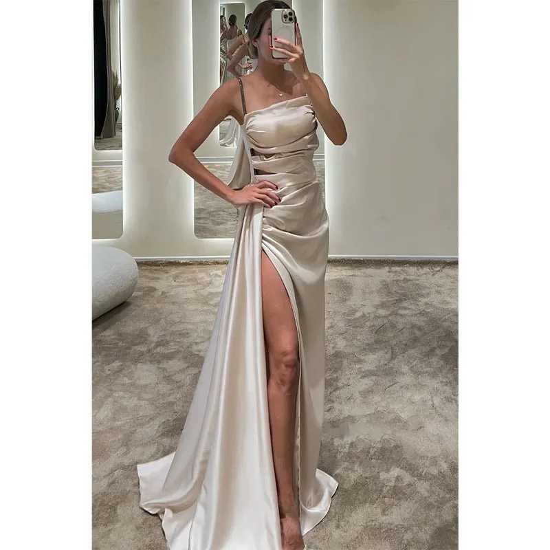 Chic & Modern Satin Pleats Spaghetti Straps Slit Simple Long Prom Dress