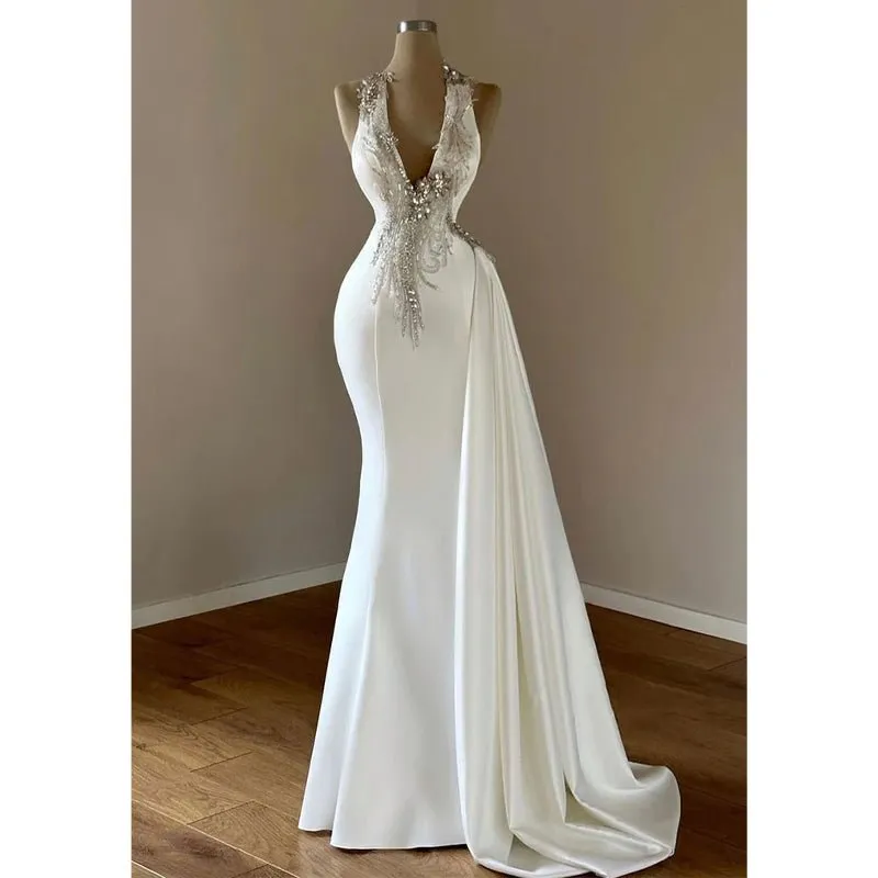 Chic & Modern V-neck Beaded Long Prom Dress Evening Gowns
