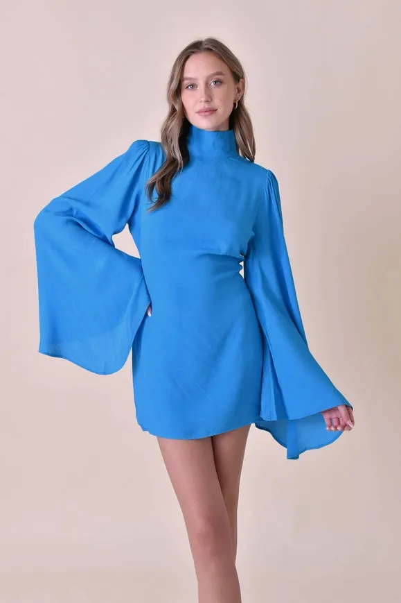Chic Mock Neck Dramatic Flared Sleeve Mini Dress Blue
