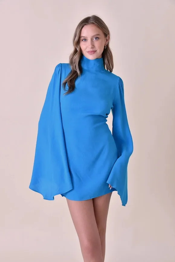 Chic Mock Neck Dramatic Flared Sleeve Mini Dress Blue