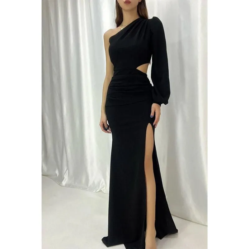 Chic Sheath/column One Shoulder Pleats Long Sleeves Formal Dress