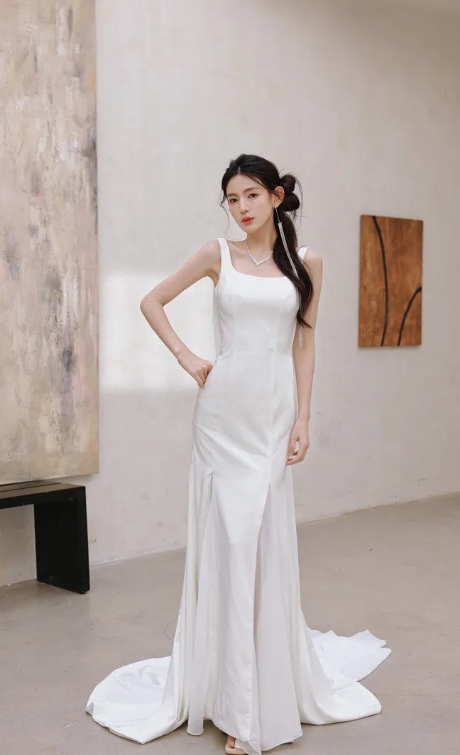 DOLLY Luxury White Graceful Sleeveless Square Collar Wedding Dress-MARY
