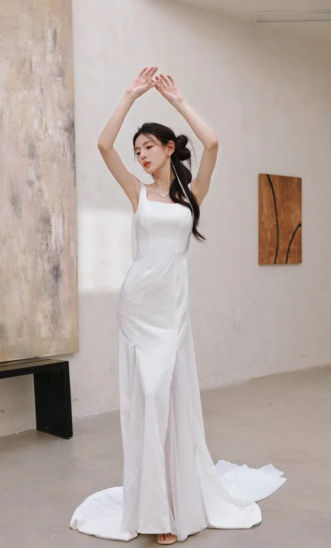 DOLLY Luxury White Graceful Sleeveless Square Collar Wedding Dress-MARY
