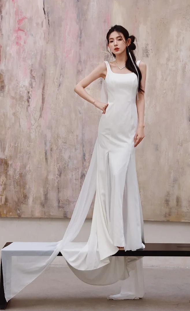 DOLLY Luxury White Graceful Sleeveless Square Collar Wedding Dress-MARY