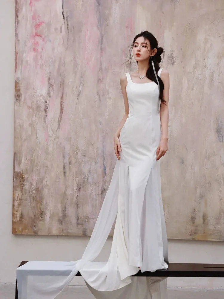 DOLLY Luxury White Graceful Sleeveless Square Collar Wedding Dress-MARY