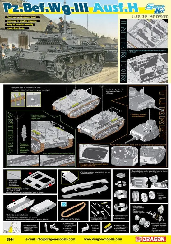 Dragon Military Models 1/35 PzBefWg III Ausf H Tank Smart Kit