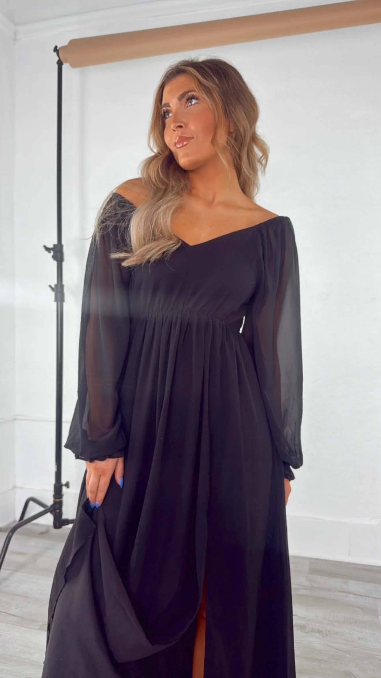 ECB Exclusive: Timeless Romantic Chiffon Maxi Dress, Black