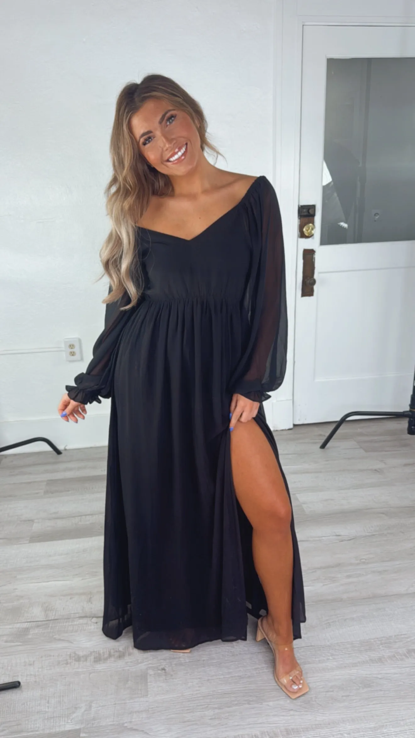 ECB Exclusive: Timeless Romantic Chiffon Maxi Dress, Black