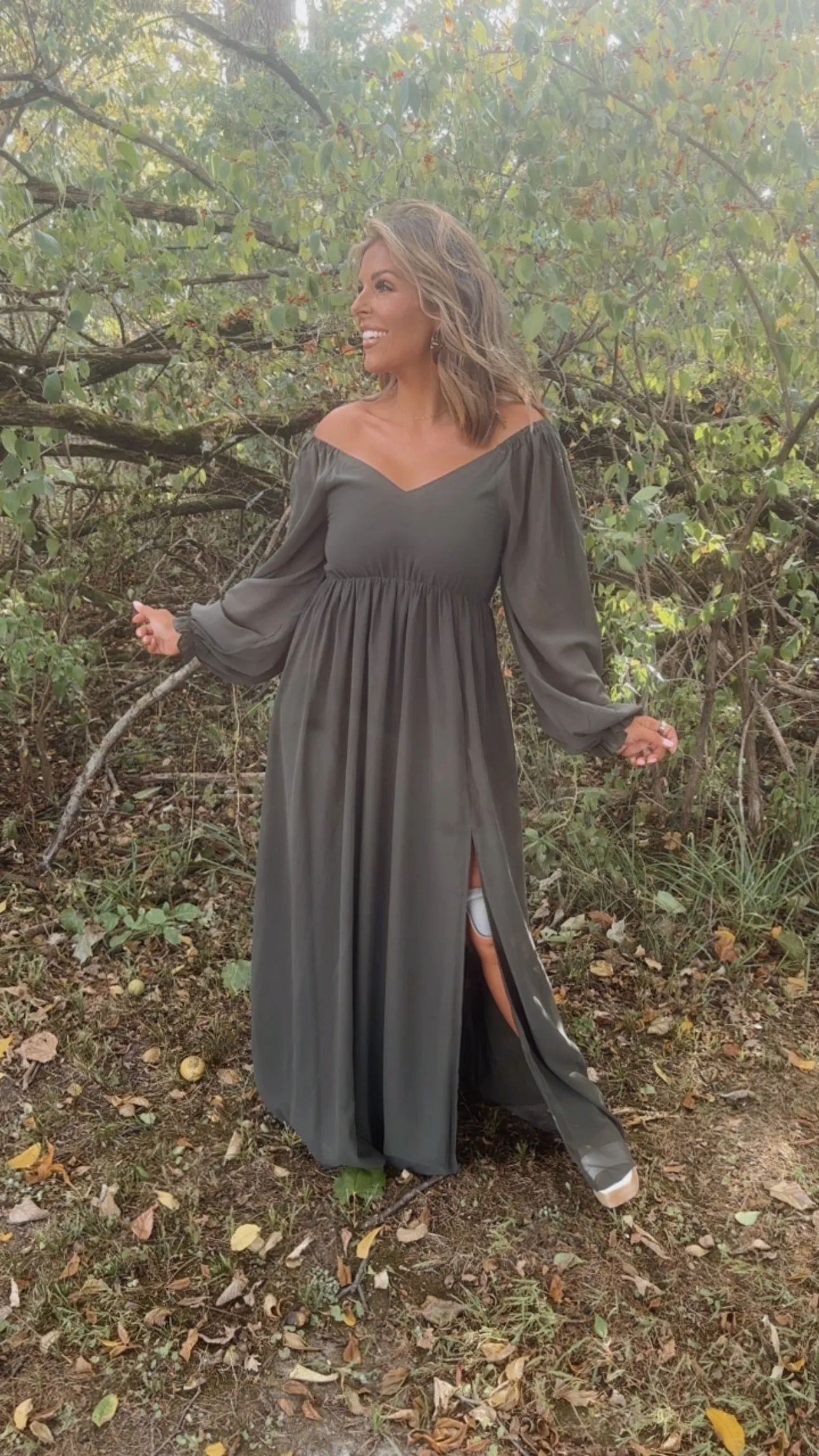 ECB Exclusive: Timeless Romantic Chiffon Maxi Dress, Olive