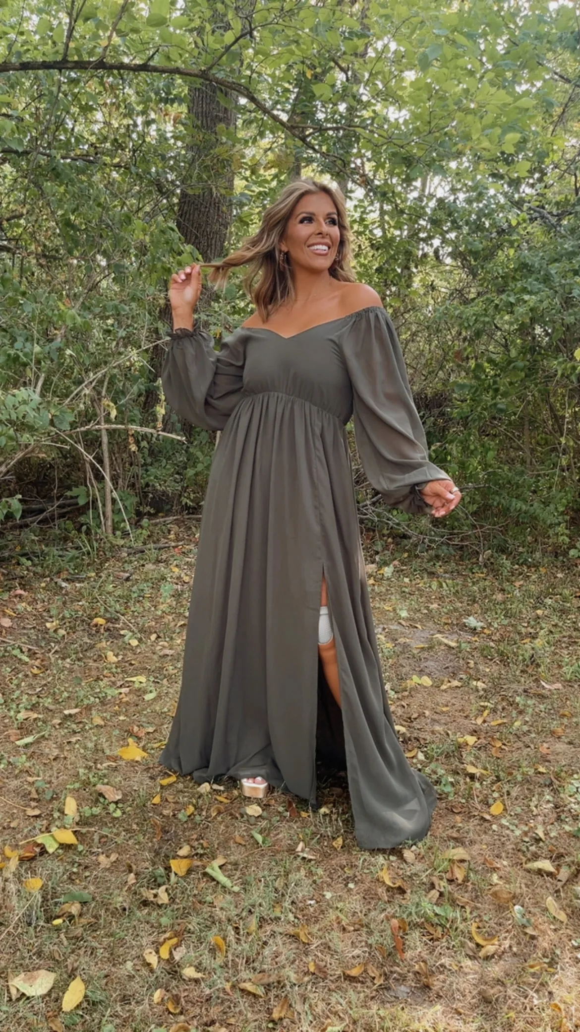 ECB Exclusive: Timeless Romantic Chiffon Maxi Dress, Olive