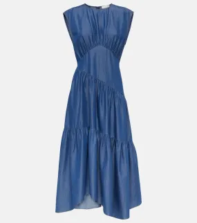 Frame Gathered tiered denim midi dress Frame Gathered tiered denim midi dress