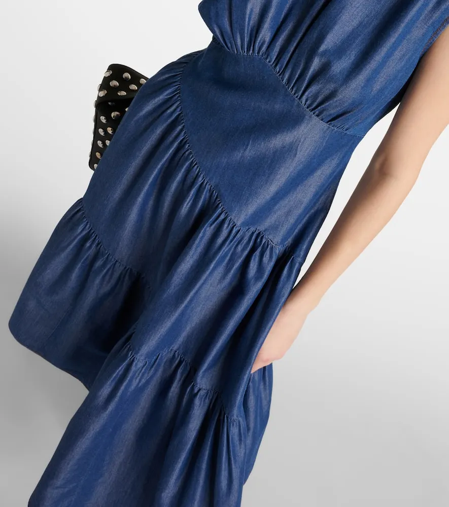 Frame Gathered tiered denim midi dress