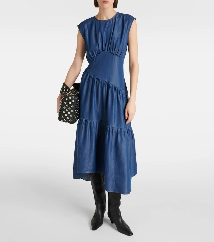 Frame Gathered tiered denim midi dress