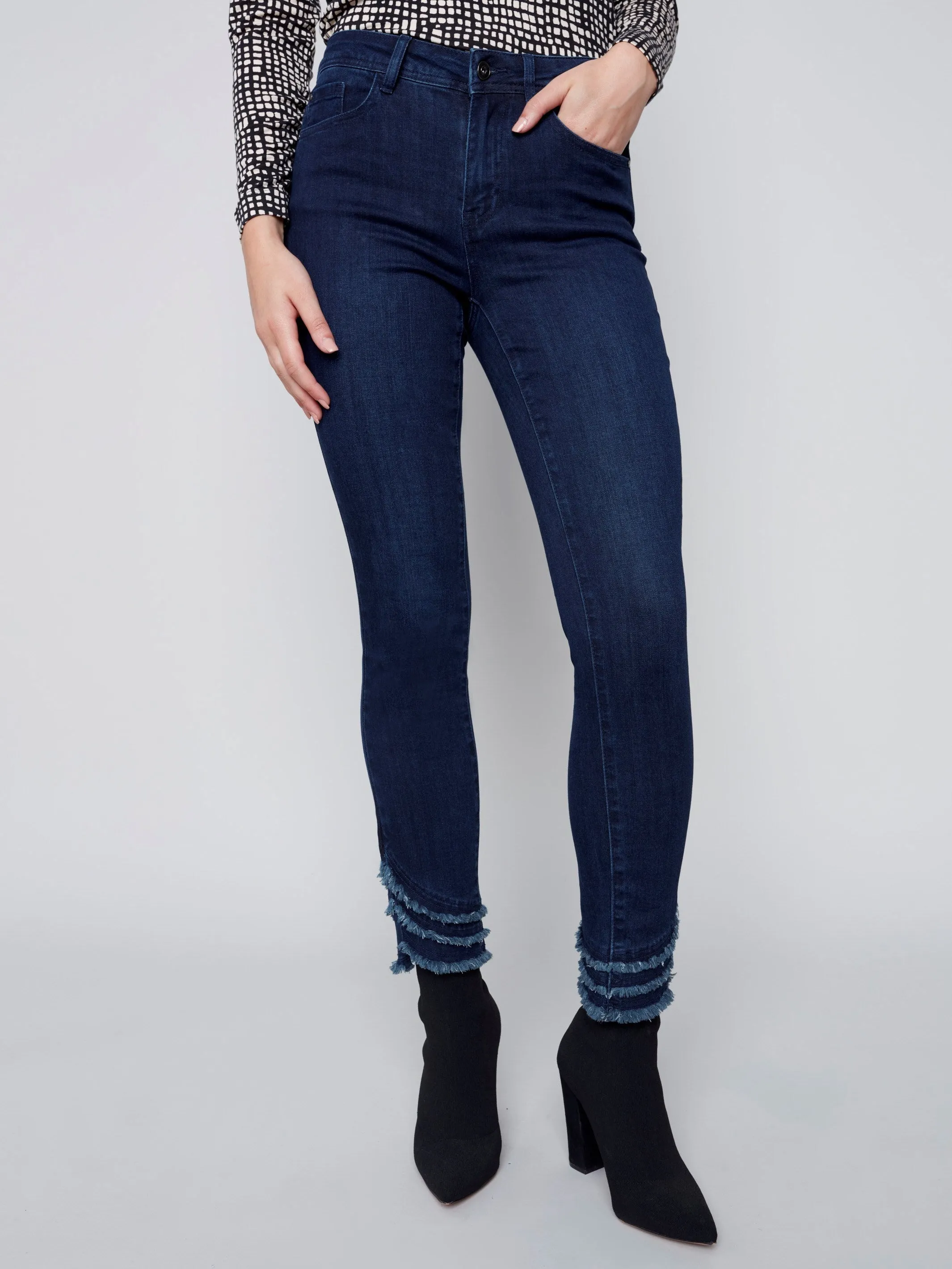 Frayed Hem Denim Pants - Blue Black