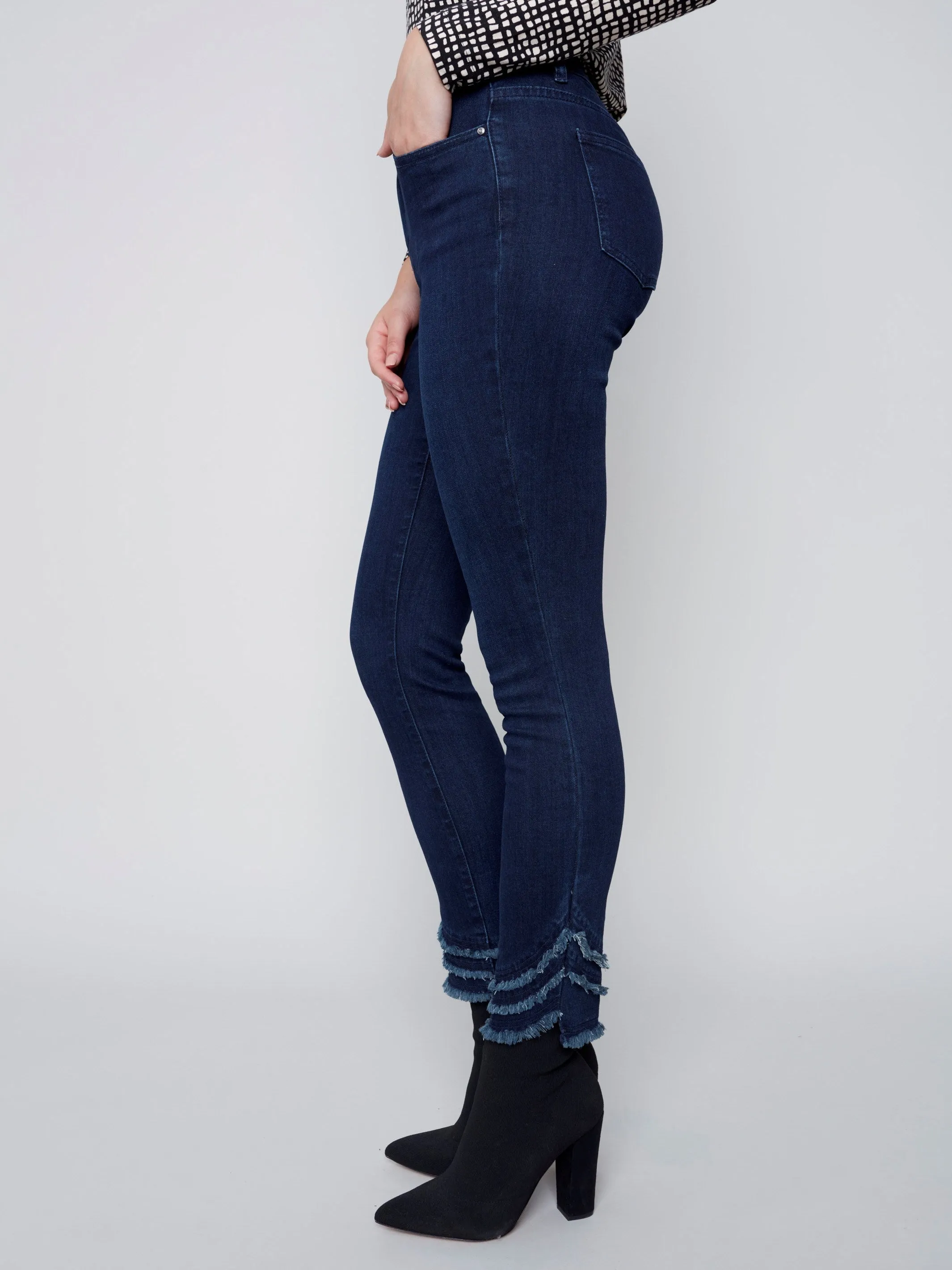 Frayed Hem Denim Pants - Blue Black