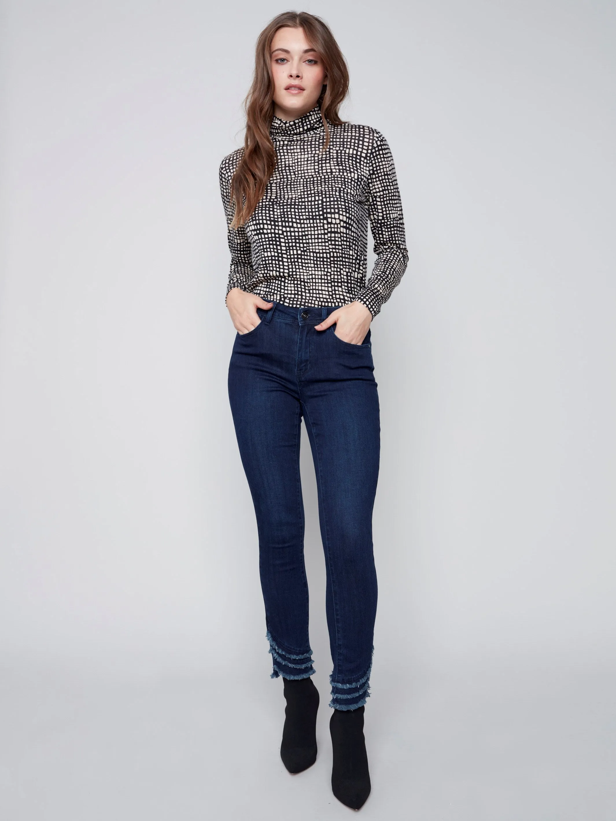 Frayed Hem Denim Pants - Blue Black