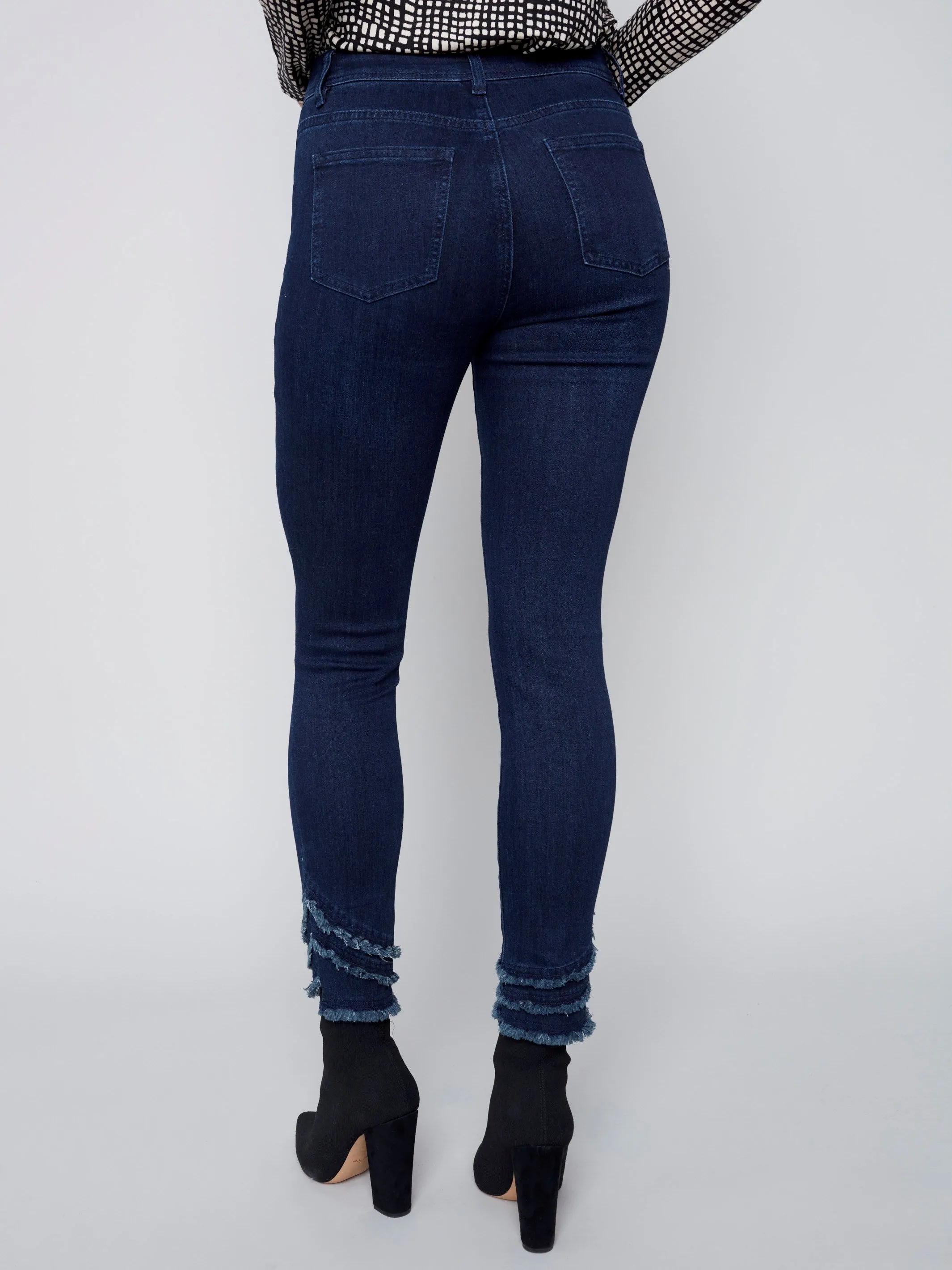 Frayed Hem Denim Pants - Blue Black