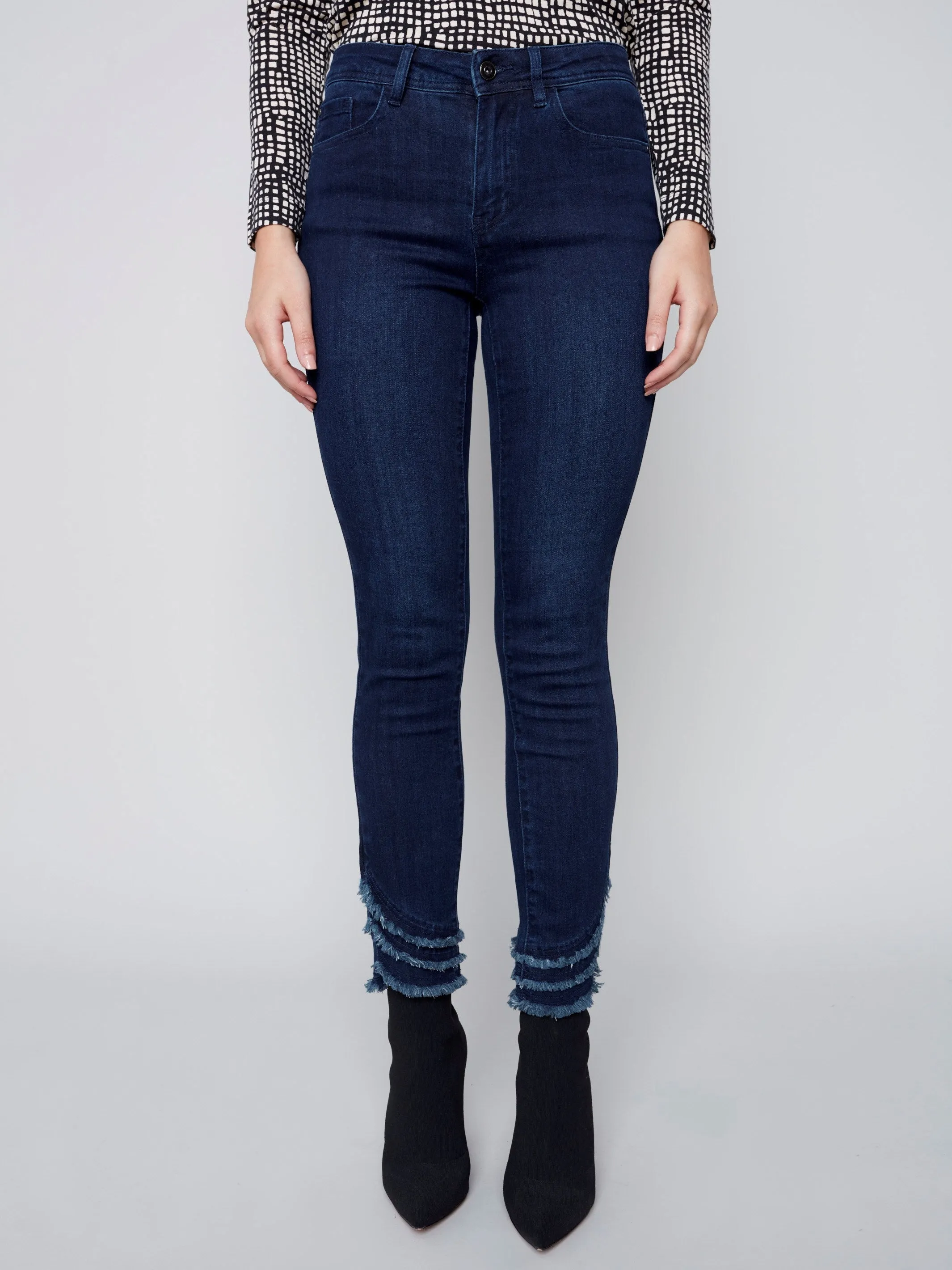 Frayed Hem Denim Pants - Blue Black