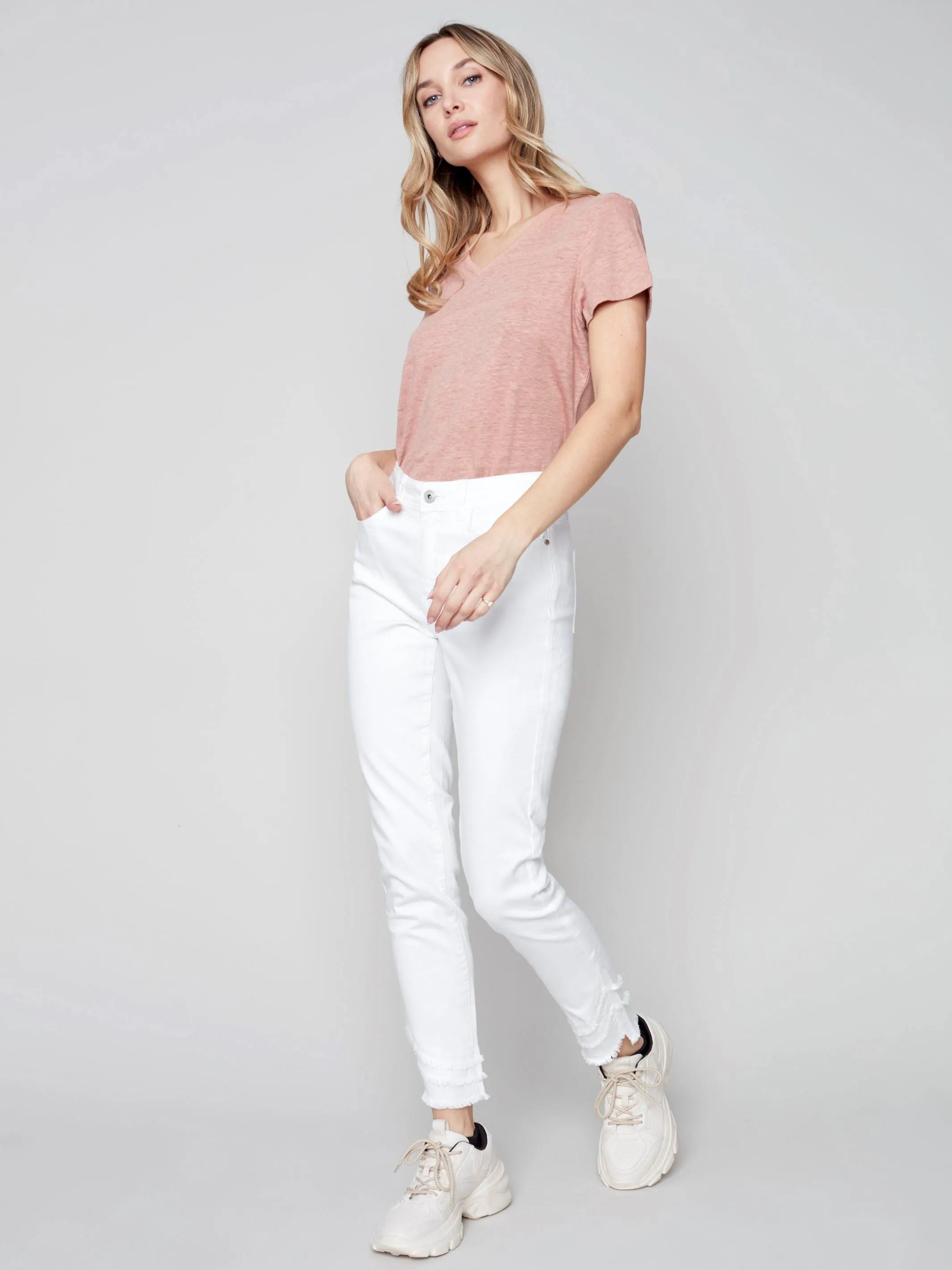 Frayed Hem Denim Pants - White