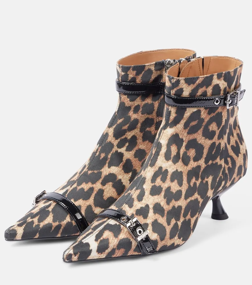 Ganni Leopard-print satin ankle boots