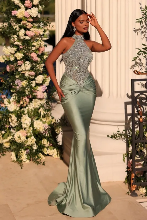 Glamorous Dusty Sage Long Mermaid High Neck Satin Sleeveless Lace Prom Dress